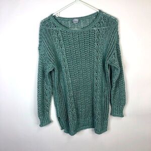 Chico’s aqua semi sheer crochet sweater drop shoulder long sleeve M (Chico’s 1)
